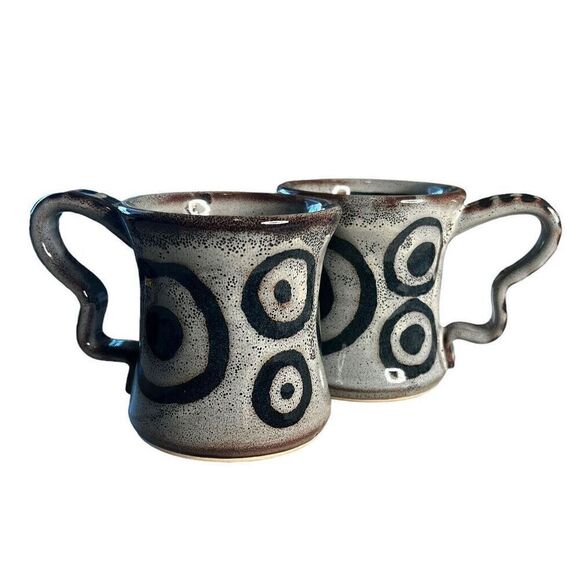 Handmade Pottery Mugs by Brandee Ross Signed Galaxy Black & Sand "Circles" pair - Picture 1 of 7